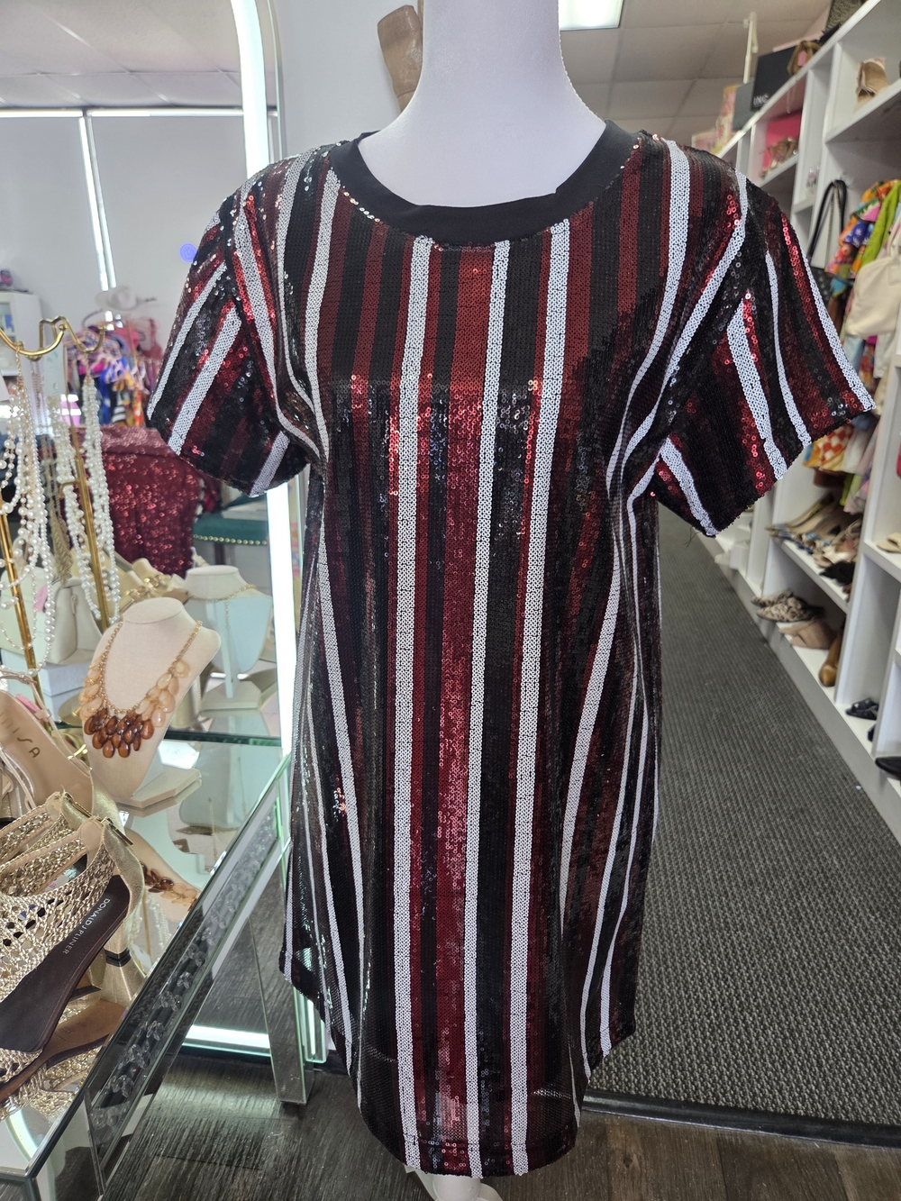 Sequin Stripe Mini Dress in Burgundy and Black
